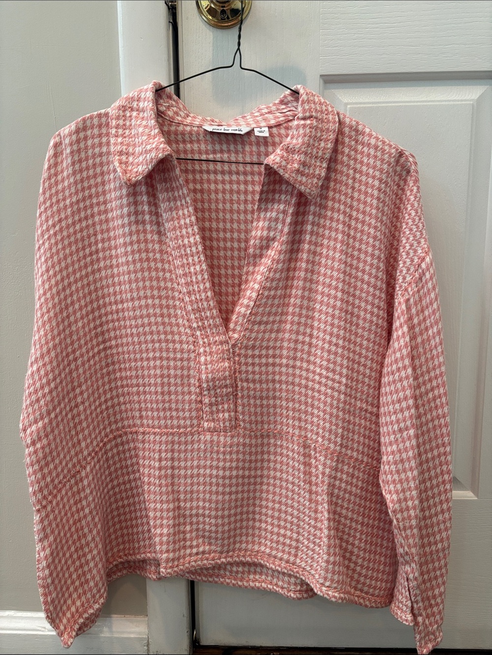 Peace Love World Pink Houndstooth Pullover Shirt